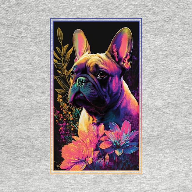 French Bulldog Dog Vibrant Tropical Flower Tall Digital Oil Painting Portrait by ArtHouseFlunky